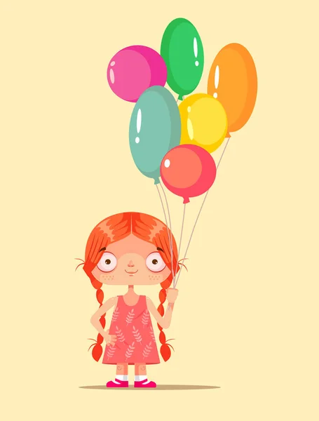 Gelukkig Lachende Kleine Kind Meisje Teken Mascotte Kleurrijke Ballonnen Houden — Stockvector