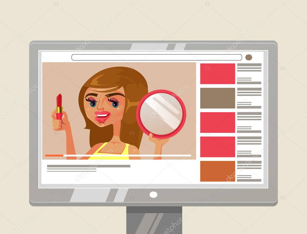 Woman girl person youtuber beauty blogger character showing and teaching how to do makeup with lipstick and mirror. Online blog internet channel content video tutorial concept. Vector flat cartoon graphic design illustration