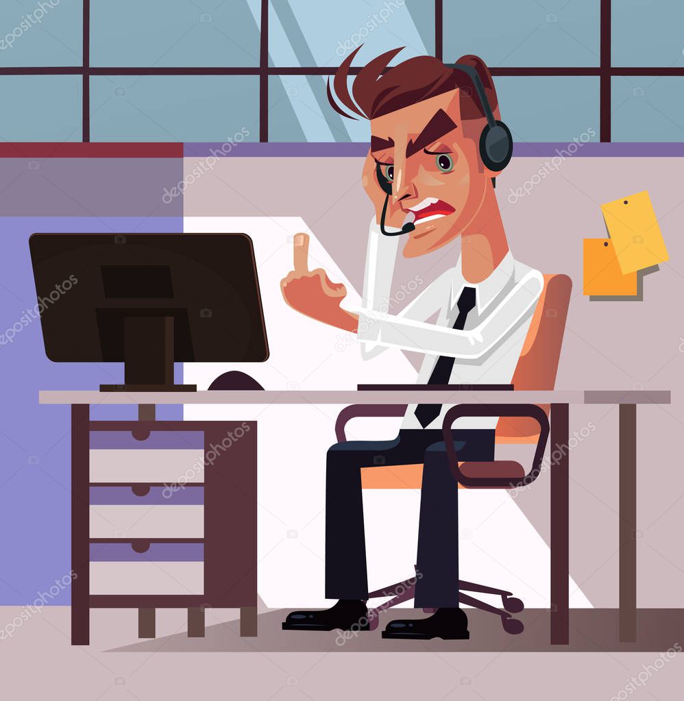Angry mad frustration office worker businessman manager man character tired and anger showing obscene gesture middle finger. Hard work stress annoyance irritation workspace negative emotions concept. Vector flat cartoon graphic design illustration