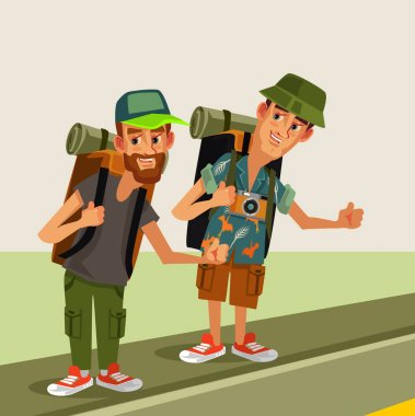 Araba Otoban yol iki hipster adam hitch hikerscharacters sırt çantası çalışırken durdurmak. Seyahat hitch hikingjourney tatil kavramı. Vektör düz çizgi film izole grafik tasarım çizim