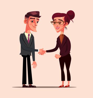 Titreyen el iş office çalışan erkek ve kadın karakter. İş adamları ortak işbirliği destek kavramı anlaşma. Vektör düz çizgi film izole grafik tasarım çizim