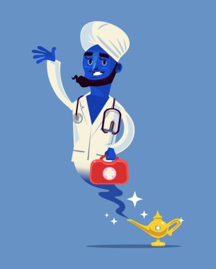 Doktor cin lamba karakter gülümseyen mutlu. Sihirli ilaç işgal hastane sağlık kavramı. Vektör düz izole illüstrasyon karikatür