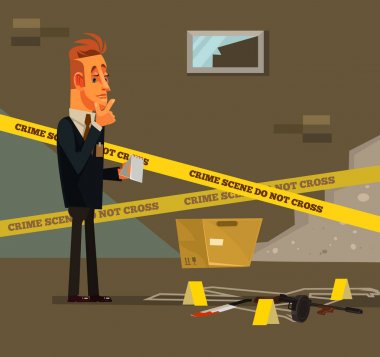 Ceset beyaz satırı yakınlarında olay yerinde genç modern Dedektif karakter düşünme. Ceza polis müfettişi kavramı araştırmak. Vektör düz çizgi film illüstrasyon