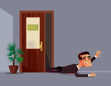 Kötü öfkeli patron çalışan office çalışan adam karakter yendi. İş kötüye saldırganlık ayrımcılık kavramı. Vektör düz çizgi film illüstrasyon