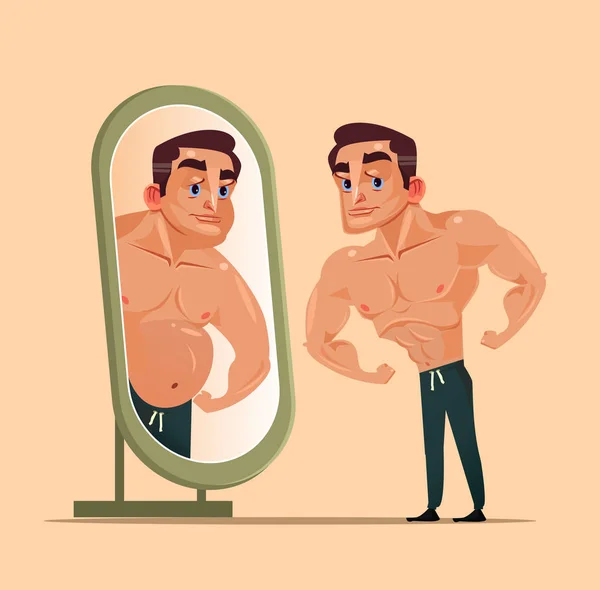 Handsome Strong Man Character Looking Mirror Seeing Themselves Fat Person — Stock Vector