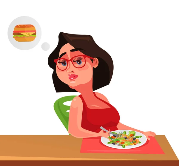 Fett Traurig Unglückliche Frau Charakter Essen Gesunde Nahrung Meeresfischgarnelen Salat — Stockvektor