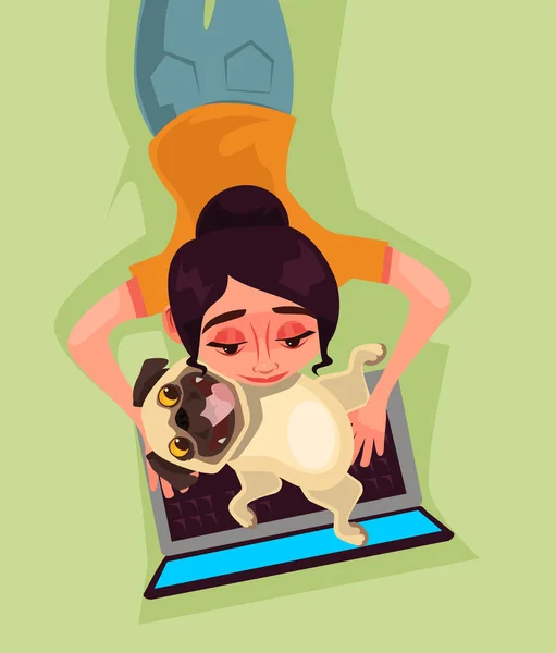 Menina Personagem Mulher Trabalhando Jogando Laptop Com Cachorro Cão Bug — Vetor de Stock