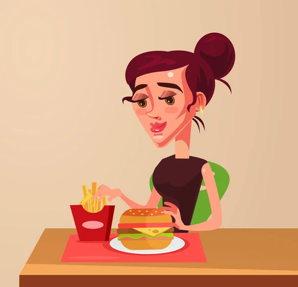 Flaco Feliz Sonriente Personaje Mujer Comiendo Basura Comida Rápida Hamburguesa — Archivo Imágenes Vectoriales