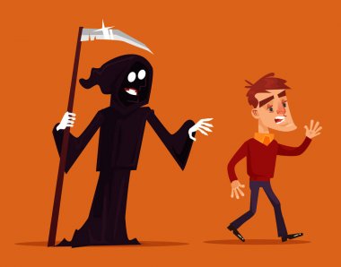 Korkunç adam maskot sonra çalışan kovalayan ölüm karakter. Vektör düz çizgi film illüstrasyon