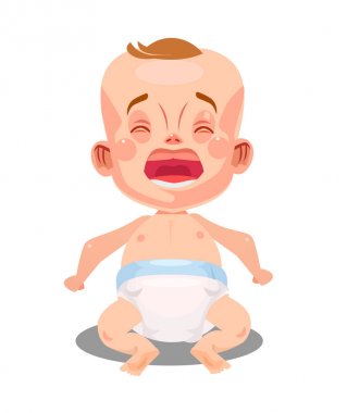 Ağlamak ve çığlık küçük yeni doğan bebek çocuk bebek. Yeni yaşam konsepti. Düz grafik izole karikatür tasarlamak vektör