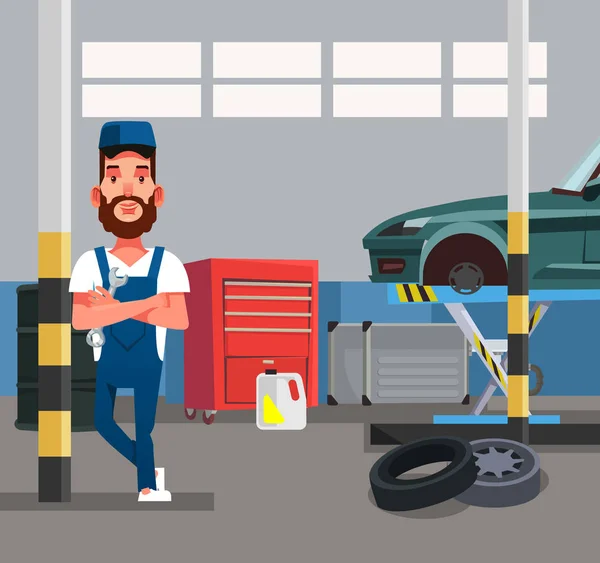 オート メカニック男性労働者がレンチを保持しています 車の修理診断サービスのガレージ ベクトル グラフィック フラット デザイン分離漫画イラスト — ストックベクタ