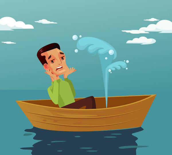 Frightened face expression man character sitting in broken boat. Accident disaster. Vector flat graphic design cartoon isolated illustration