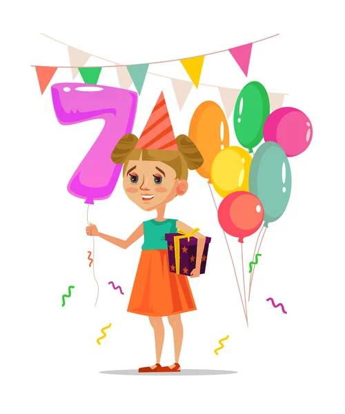 ギフト ボックス バルーンと祝う誕生日を持って幸せの笑みを浮かべて少女 ベクトル フラット漫画イラスト — ストックベクタ
