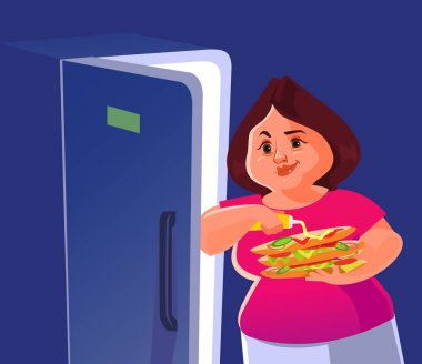 Happy smiling fat big woman standing near refrigerator and eating burger over night. Unhealthy eat fast food lifestyle cartoon flat isolated illustration clipart
