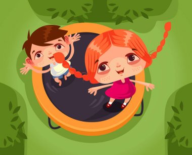 İki mutlu gülümseyen çocuklar abi kardeş erkek ve kız karakter atlama trambolin ve sahip eğlenceli. Okul tatil yaz saati çocukluk izole karikatür vektör çizim