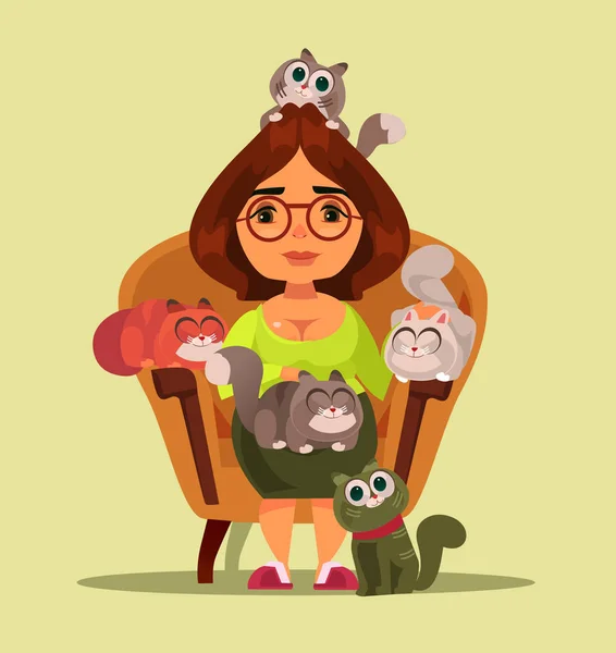 Stereotyp Nezávislý Šťastný Usmívající Žena Sedí Pohovce Mnoha Zvířaty Kočky — Stockový vektor