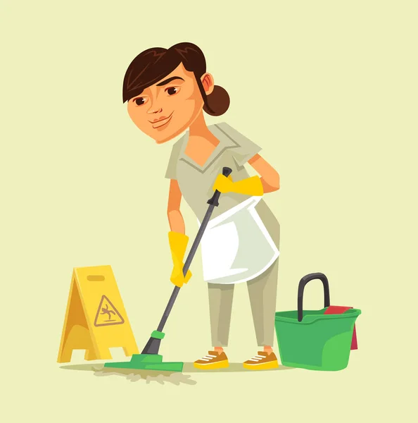 Happy Smiling Cleaner Employee Maid Woman Character Washing Floor Очистка — стоковый вектор