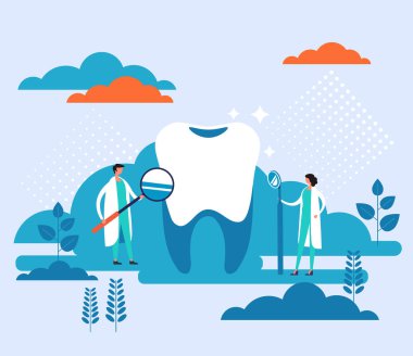 Diş hekimi ofis afişi. Vektör düz grafik tasarım çizgi film illüstrasyonu