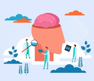 Beyin hastalığı araştırması. Sağlık sigortası konsepti. Vektör düz grafik tasarım çizgi film illüstrasyonu