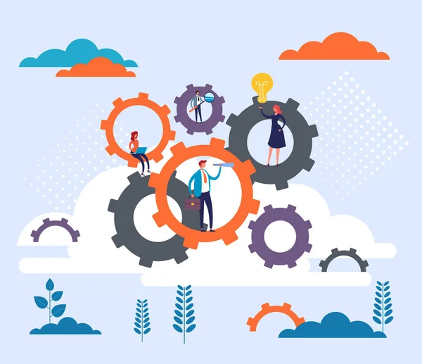 Teamwork Business Mensen Wiel Concept Vector Platte Cartoon Grafisch Ontwerp — Stockvector