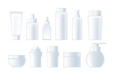 Kozmetik ürünleri boş şişe reklamı seti. Vektör grafik tasarımı izole edildi