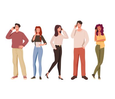 Gençlerin karakteri telefon seti. Vektör düz çizgi film tasarımı çizimi çizimi