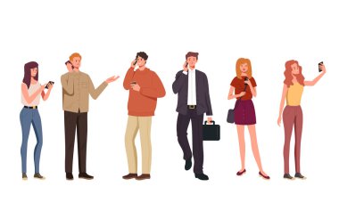 İnsanlar telefon izole setini kullanarak arıyor. Vektör düz grafik tasarım çizimi