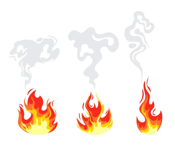 Llama Fuego Con Humo Aislado Conjunto Ilustración Diseño Gráfico Plano — Archivo Imágenes Vectoriales