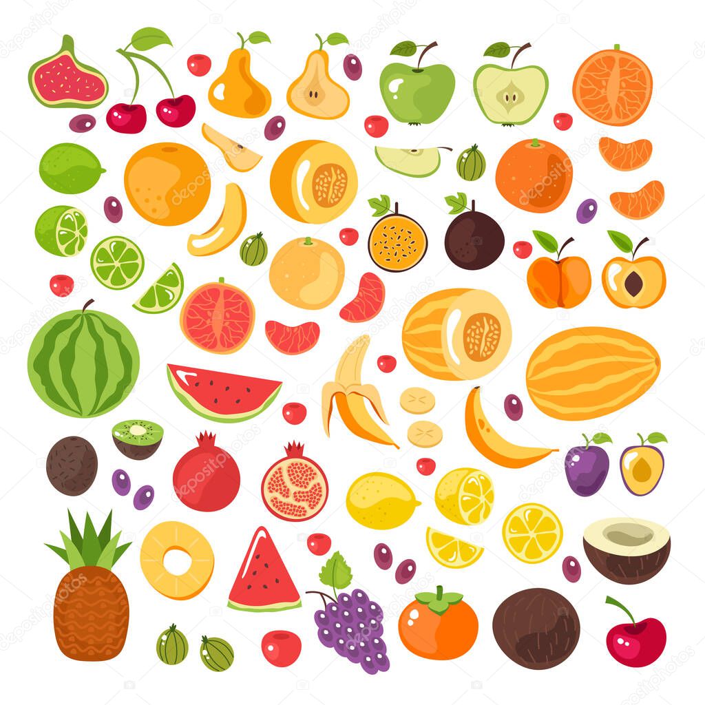 Half slice cut and whole fruits isolated set.  Vector flat graphic design illustration