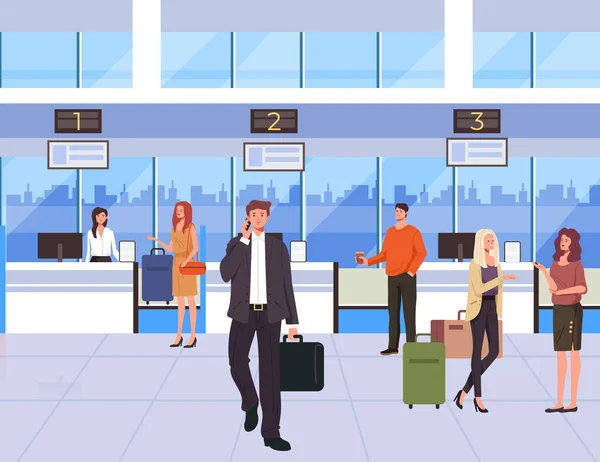 Pessoas Viajantes Passageiros Espera Embarque Aeroporto Ilustração Design Gráfico Plano —  Vetores de Stock