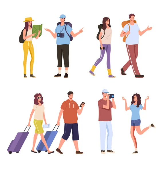 Man Woman Tourist Campers People Characters Isolated Set Vector Flat — Stock Vector