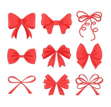 Kırmızı dekoratif yay simgesi izole edilmiş set koleksiyonu. Vektör düz grafik tasarımı izole edilmiş illüstrasyon