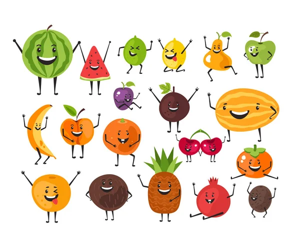 Personagens Frutas Engraçadas Com Conjunto Isolado Fezes Desenho Gráfico Plano — Vetor de Stock