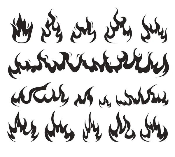 Fuego Negro Llama Aislado Conjunto Colección Diseño Gráfico Plano Vectorial — Vector de stock