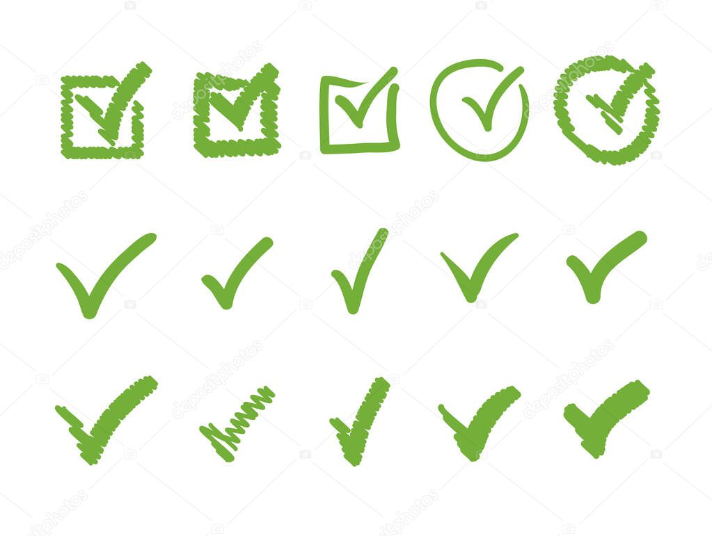 Green check mark isolated set collection. Vector flat graphic design isolated illustration