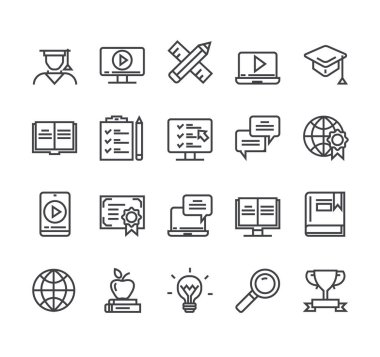 Çevrimiçi ağ öğrenme uzaklık eğitim hattı basit simge setini izole etti. Vektör düz grafik tasarım çizimi