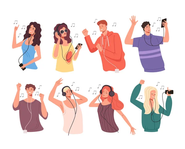 Jóvenes Personajes Adolescentes Escuchan Música Bailan Conjunto Aislado Ilustración Diseño — Vector de stock