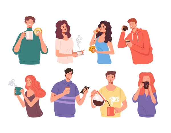 People Man Woman Characters Drinking Coffee Eating Sweet Food Isolated — Stock Vector