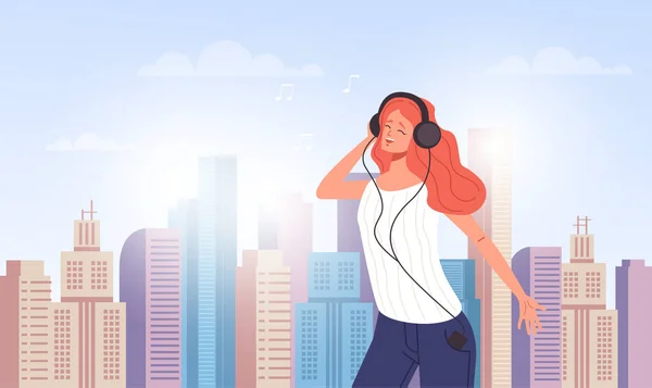 女性キャラクターは街の通りで音楽を聴く ベクターフラットグラフィックデザインイラスト — ストックベクタ
