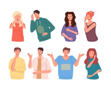 İnsanlar arkadaş karakterleri dedikoduları anlatır. Vektör düz çizgi film grafik tasarım illüstrasyon kümesi koleksiyonu