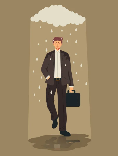 雨の下で悲しい男のオフィス労働者の文字 不運の概念 ベクトルフラット漫画グラフィックデザインイラスト — ストックベクタ