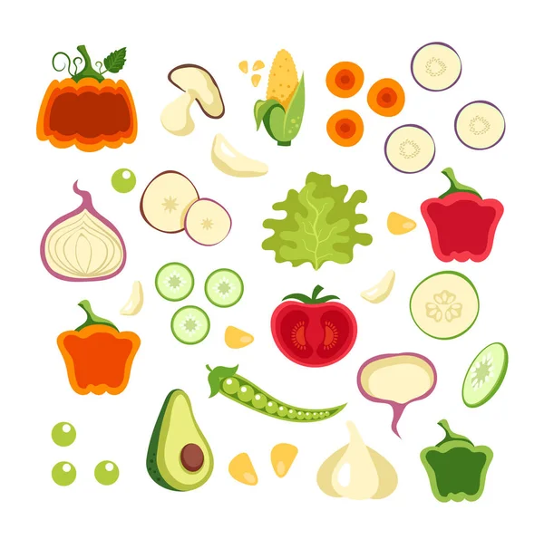 Slice Cut Vegetables Simple Collection Isolated Set Vector Flat Cartoon — Stock Vector