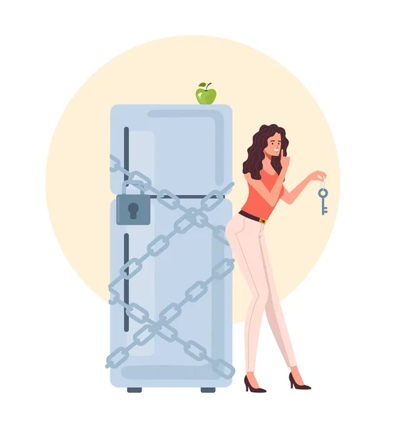 Mujer Delgada Dieta Bloqueado Refrigerador Concepto Alimentación Saludable Vector Plano — Vector de stock