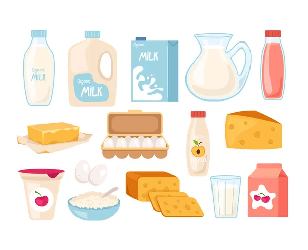 Lácteos Productos Lácteos Aislados Icono Conjunto Vector Plano Dibujo Animado — Vector de stock
