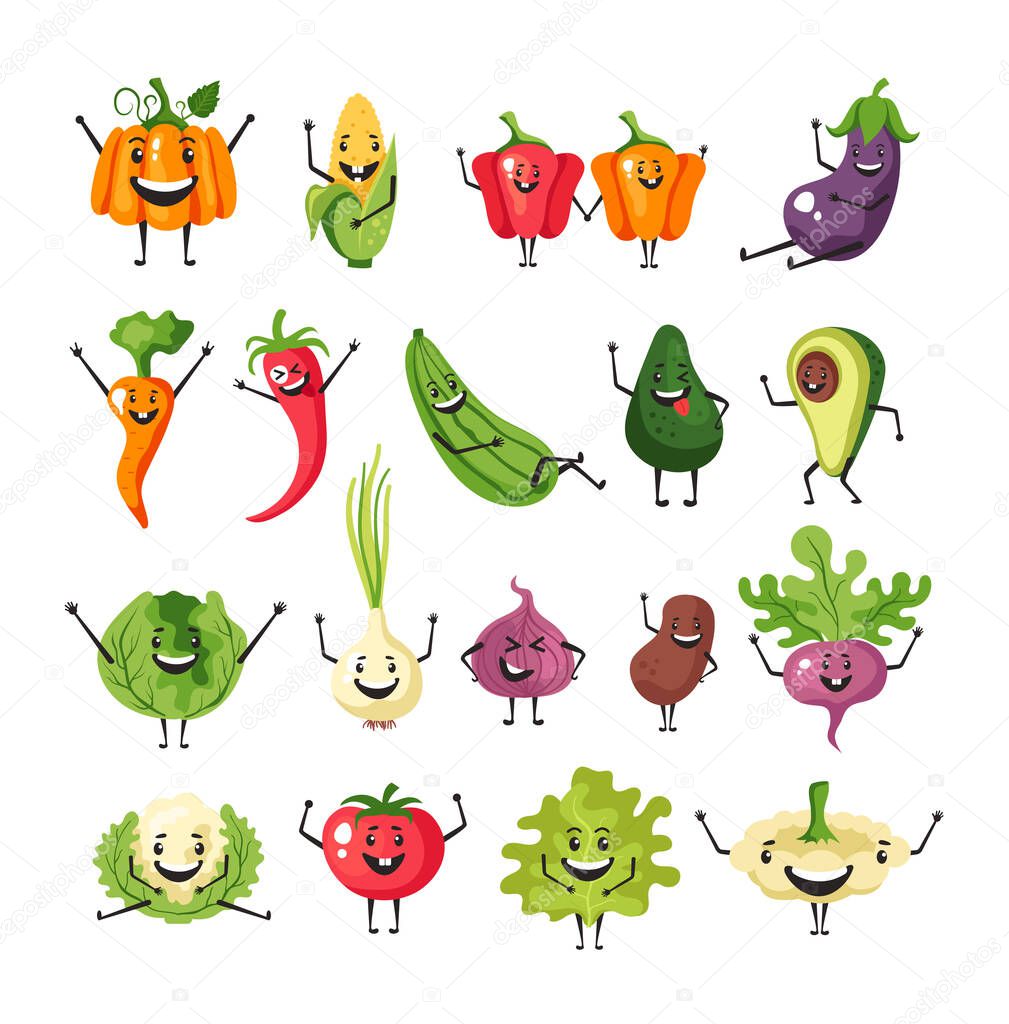 Vegetables character simple collection isolated set. Vector flat cartoon graphic design illustration