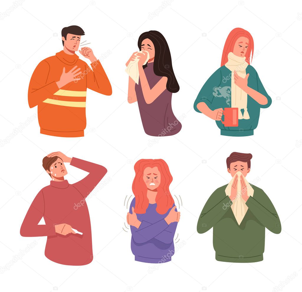 People sick ill cold flu illness symptoms isolated characters set. Vector flat cartoon graphic design illustration