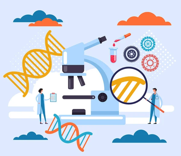 Onderzoek Dna Chromosoom Geneeskunde Wetenschap Concept Vector Platte Cartoon Grafisch — Stockvector