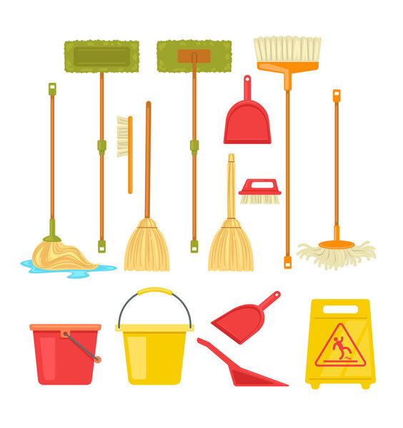 Cleaning tools broom mop supplies isolated set. Vector flat cartoon graphic design illustration