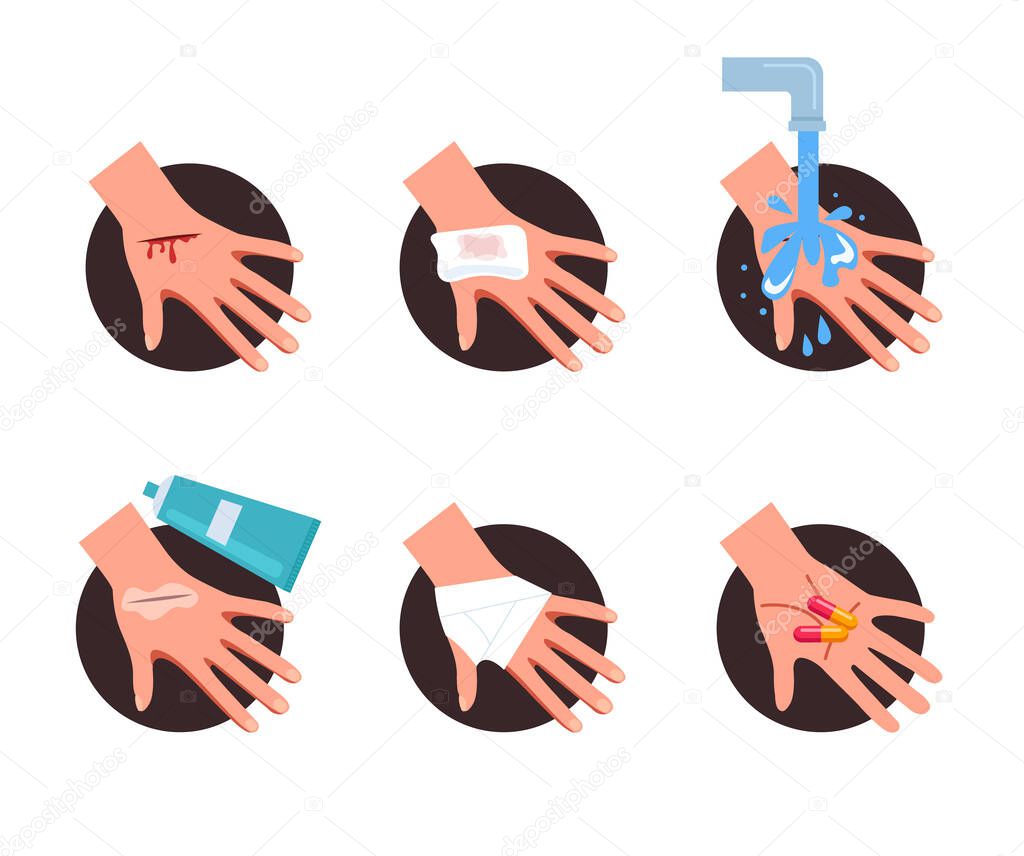 First aid step for wound skin help. Vector flat cartoon graphic design illustration