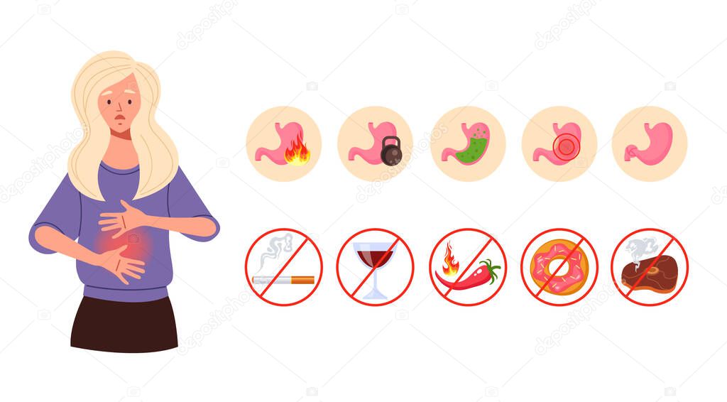 Gastritis symptoms concept. Vector flat cartoon graphic design illustration